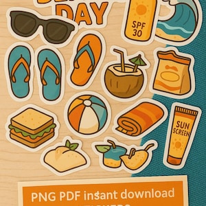 Beach Day Sticker Pack | PNG PDF Instant Download | Summer Clipart | Cute Beach Printables for Kids Crafts & Cricut Projects