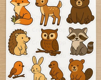 Cute Forest Animals Sticker Bundle PNG & PDF Download Fox, Deer, Bear, Bunny, Owl, Raccoon, Woodland Animals for Kids and Crafts