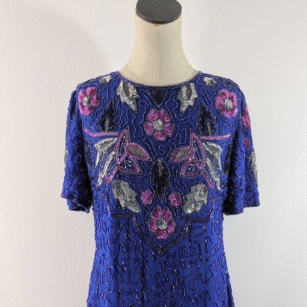 In Fashions Blue Magenta Floral Beaded Sequin Dress Diva Glam