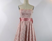 Pink White Lace Gunne Sax Strapless Gown Dress Giant Bow
