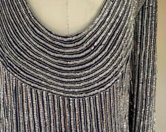 Art Deco Silver Sequin Space Age Evening Gown