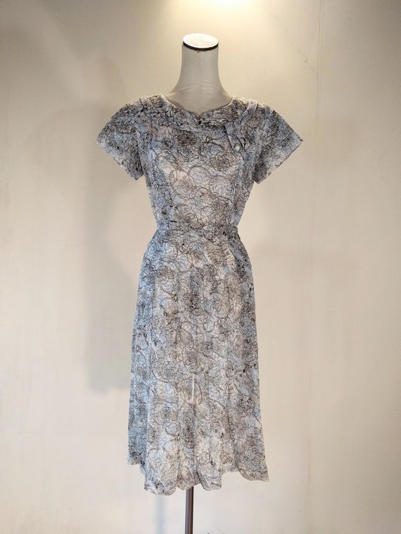 1950s Blue & Gray Sheer Swirl Evening Dress Rhines