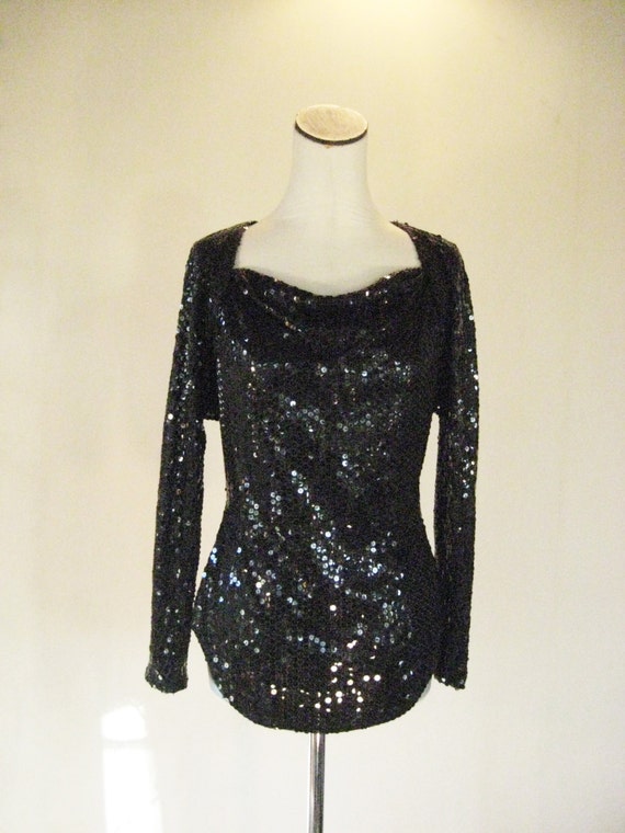 Sheer Back Black Sequin Shirt Top Diva Glam | Etsy