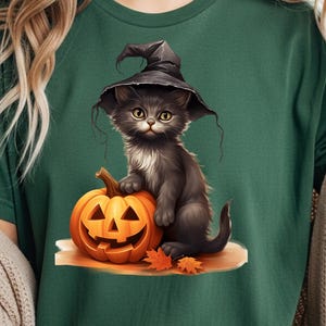 Halloween Cat Shirt – Cute Black Cat with Witch Hat & Pumpkin | Unisex Fall Graphic Tee | Spooky Season Outfit Gift for Cat Lovers