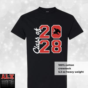May include: Black crewneck t-shirt with the text "Class of 2028" in white script. The numbers "20" and "28" are in red with white outlines, and a red panther graphic is in the "20" box. The shirt is 100% cotton and 5.3 oz heavy weight.