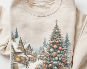 Vintage kerstdorp-sweatshirt, retro trui met ronde hals uit de jaren 90 met winterse hutmotief, trui met dennenbomen en een gezellig boho-kerstcadeau