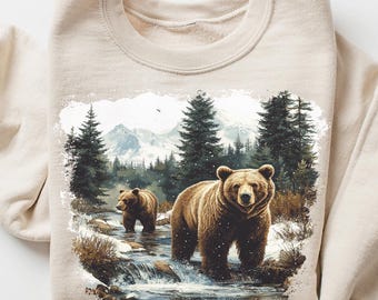 Retro Brown Bears Wilderness 90s Sweatshirt, Vintage Brown Bear Crewneck, Boho Unisex Nature Wildlife Crewneck, Bears Winter Shirt