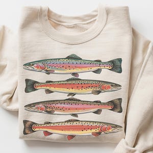 Retro Abstract Colorful Trout In A Row Sweatshirt - River Fish Trout Species Outfit - Fly Fishing Gift - Boho Unisex Crewneck Sweater