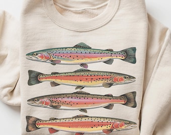 Bluza z nadrukiem retro abstrakcyjnym, kolorowym pstrągiem w rzędzie – strój na ryby rzeczne z gatunku pstrąga – prezent na wędkarstwo muchowe – boho, unisex, sweter z okrągłym dekoltem