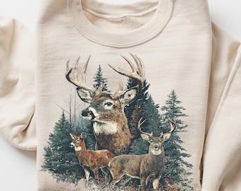 Retro Elk Sweatshirt - Vintage Fall Hunter Scene Sweater - 90s Bull Forest Nature Outfit - Crewneck American Nostalgia Elk Deer Sweatshirt