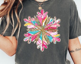 Colorful Glitter Christmas Snowflake Sweatshirt, Sparkly Holiday Sweater, Bright Shiny Xmas Shirt, Festive Snowflake Christmas Graphic Tee
