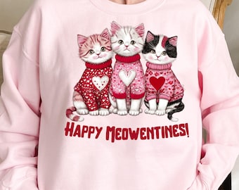 Happy Valentines Cat Sweatshirt, Womens Cat Lover Valentine Shirt, Cute Cat Heart Graphic Tee, Romantic Valentines Outfit, Gift for Cat Moms