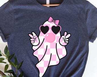 T-shirt fantôme girly mignon qui fait des bulles, T-shirt fantôme mignon, T-shirt fantôme à carreaux rétro avec nœud papillon, T-shirt fantôme rose mignon, Le mercredi, on porte du rose