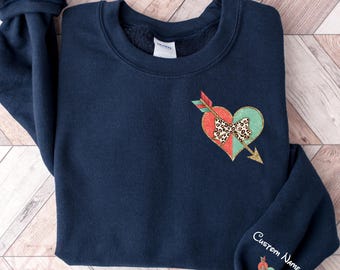 Custom Valentines Day Sweatshirt & T-Shirt With Name on Sleeve, Valentine Heart Shirt, Couples Matching Valentines Outfit, Personalized Gift