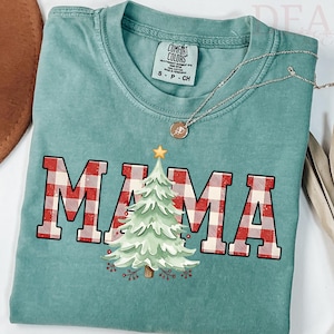 Comfort Colors® Christmas Mama Shirt, Christmas Tree Shirt, Checkered Mama Shirt, Christmas Party Shirt, Christmas Gift for Mom, Mama Shirt