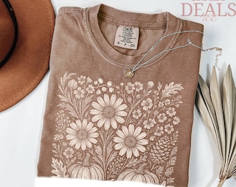 Koszula Comfort Colors® Boho z jesiennymi kwiatami, koszulka retro z jesiennymi motywami, koszulka Autumn Vibes, koszulka z grafiką z sezonu dyni, koszulka vintage z jesiennymi dyniami