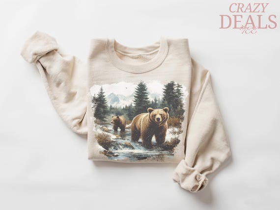 Retro Grizzly Bear Sweatshirt, Vintage 90s Wilderness Scene Crewneck, Cozy Boho Wildlife Sweater, Nature Lover Gift, Brown Bear Pullover