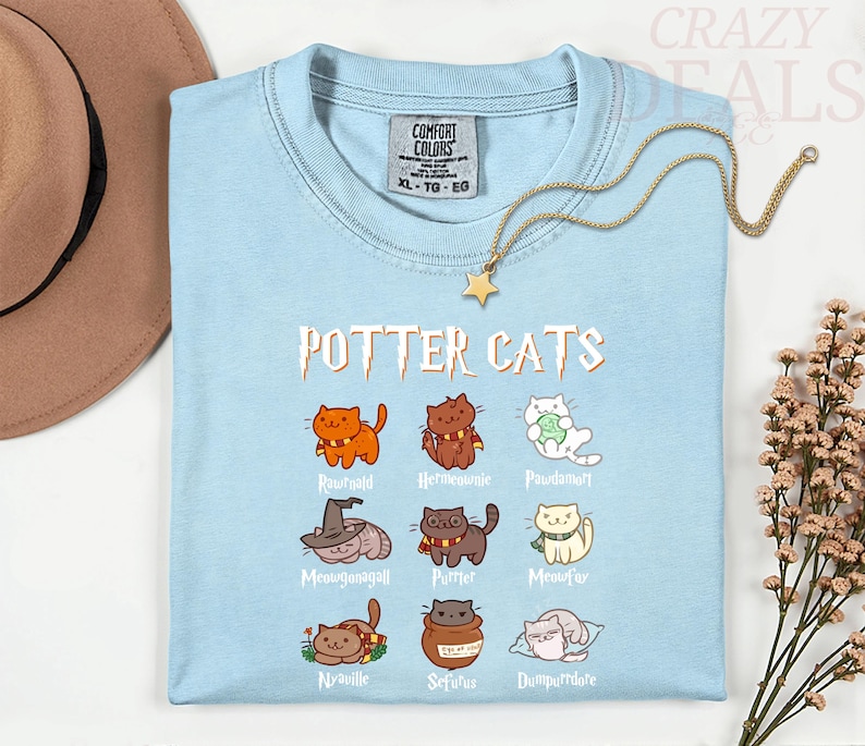 Pu&ograve; includere: T-shirt azzurra con la scritta "POTTER CATS" e illustrazioni di gatti in costume. La maglietta ha un girocollo e maniche corte. Una collana d'oro con un ciondolo a stella &egrave; drappeggiata sulla maglietta.