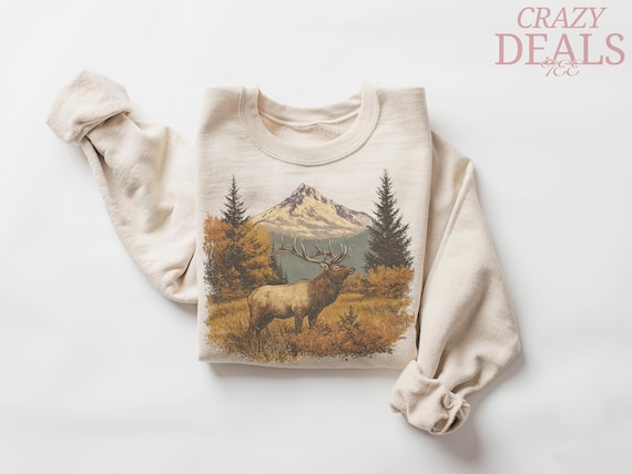 Vintage Elk Sweatshirt, Retro 90s Deer Crewneck, Forest Hunter Scene Sweater, Wildlife Nature Lover Gift, Cozy Fall Pullover