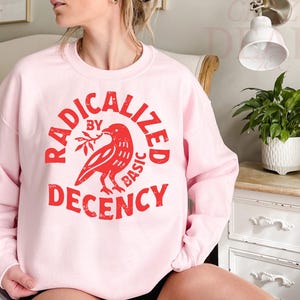 May include: A light pink sweatshirt with the words "RADICALIZED BY BASIC DECENCY" in red, encircling a red bird holding a sprig. The sweatshirt is a long-sleeved crew neck.