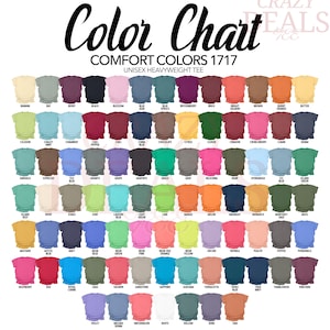 以下が含まれることがあります： Comfort Colors 1717 ユニセックスヘビーウェイトTシャツのカラーチャート。黒、ピンク、青、緑、オレンジ、紫など、さまざまな色が表示されています。各色は、色の名前が下に表示された小さなTシャツのグラフィックで表されています。