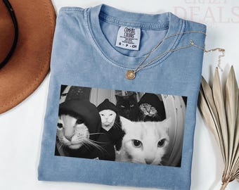 May include: Light blue Comfort Colors t-shirt with a black and white image of four cats. The cats are wearing hooded outfits. A gold necklace with a pendant is on the shirt.