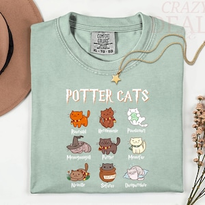 Pu&ograve; includere: Una maglietta verde chiaro con la scritta "POTTER CATS" e illustrazioni di gatti dei cartoni animati. I gatti sono vestiti con vari abiti. Una collana d'oro con un ciondolo a forma di stella &egrave; sulla maglietta.