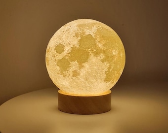 Veilleuse lune 3D | Globe lunaire blanc chaud avec support en bois