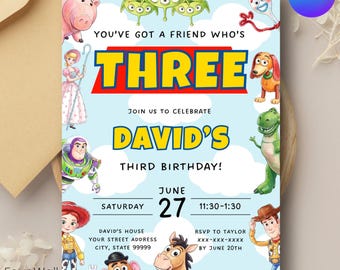 Vous avez un ami qui a trois ans, 3e anniversaire d'invitation modifiable, modèle à téléchargement numérique