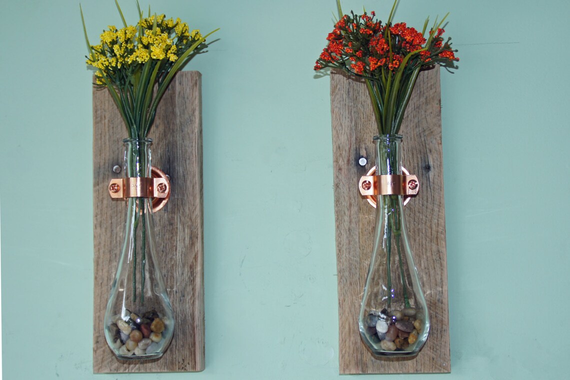 Rustic Wall Vases Hanging Vases Reclaimed Wood and Copper Etsy