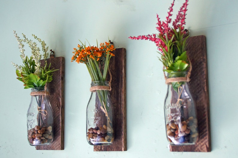 Hanging Milk Bottle Wall Vases Mounted Flower Reclaimed Wood Rustic Fl Decor Bottles Set Of 3