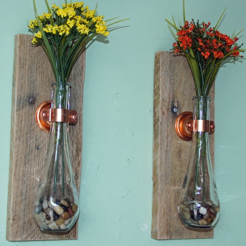 Rustic Wall Vases Hanging Vases Reclaimed Wood and Copper Etsy