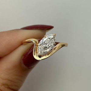 Marquise Cut Moissanite Ring | 3.00CT Low-Set Claw Setting with Gold Wave Band | Modern Sculptural Engagement Ring for Her | Promise Jewelry