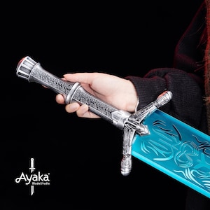 May include: A detailed fantasy sword with a silver handle and a translucent blue blade. The handle features intricate engravings and a red accent at the pommel. The blade has a decorative etched design. The sword is held against a dark background.