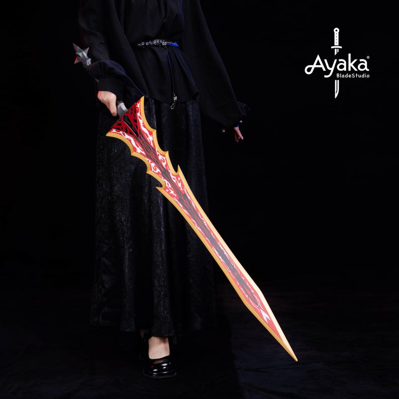 May include: A decorative sword with a red and gold blade and a jagged edge. The sword is held by a person wearing a black dress. The logo "Ayaka BladeStudio" is in the upper right corner.