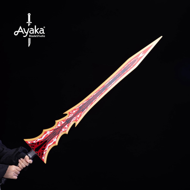 May include: A red and gold sword with a flame design. The sword has a black handle and the text "Ayaka BladeStudio" in white. The sword is held against a black background.