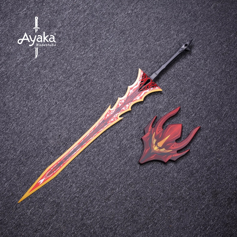May include: A fantasy sword with a red and yellow blade, a black handle, and a matching red shield. The sword has a decorative design and the text "Ayaka BladeStudio".