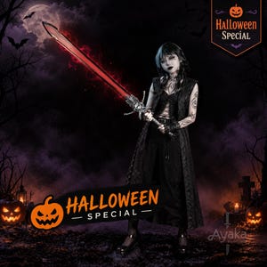 May include: A long sword with a glowing red blade and an intricate silver hilt held by a person wearing a black sleeveless vest, a lace-up top, and black trousers. The image features text that reads HALLOWEEN SPECIAL in two locations.