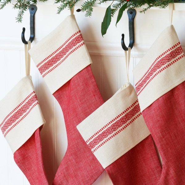 Red Vintage-Inspired Christmas Stocking - Scandinavian - Red Stripe - Linen - Cotton - God Jul