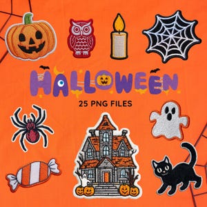 Può includere: Uno sfondo arancione con varie toppe a tema Halloween. Le toppe includono una zucca, un gufo, una candela, una ragnatela, un ragno, una caramella, una casa infestata, un fantasma e un gatto nero. La parola "HALLOWEEN" è visualizzata in viola, con "25 PNG FILES".