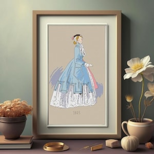 Peut inclure: Une œuvre d'art au point de croix encadrée représentant une femme dans une robe bleu clair avec une garniture en dentelle blanche, un jupon rose et un bonnet assorti. L'œuvre est placée sur un fond neutre et encadrée dans un cadre en bois brun clair. L'année "1865" est brodée en bas.