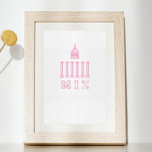 Mizzou MIZ Columns Print, Columbia Missouri Preppy Pink Coquette Wall Art Designs for Girls Rooms Dorms College Decor, Aesthetic Trendy Art