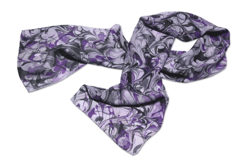 Silk scarf Womens Fashion purple white black hand marbled silk scarf Purple Ribbon image 1