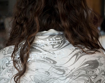 Handmade Silk Tallit: Black, Gray & White Marbled Jewish Prayer Shawl