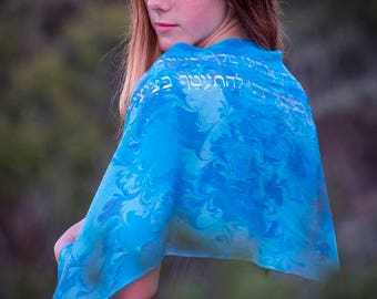 Light Blue Hand-Painted Silk Women’s Tallit, Personalized Hebrew Atarah.
