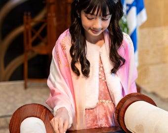 Handmade Custom Pink and White Silk Tallit: Bat Mitzvah Prayer Shawl