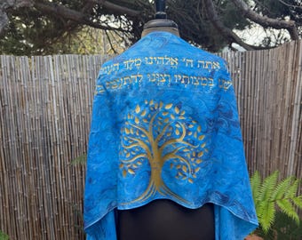 Handmade Ancestry, Blue Silk Tallit,  : Custom Jewish Prayer Shawl
