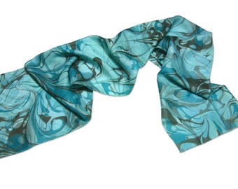 fashionable Silk scarf Womens  blue turquoise grey black hand marbled silk scarf Caribbean mood