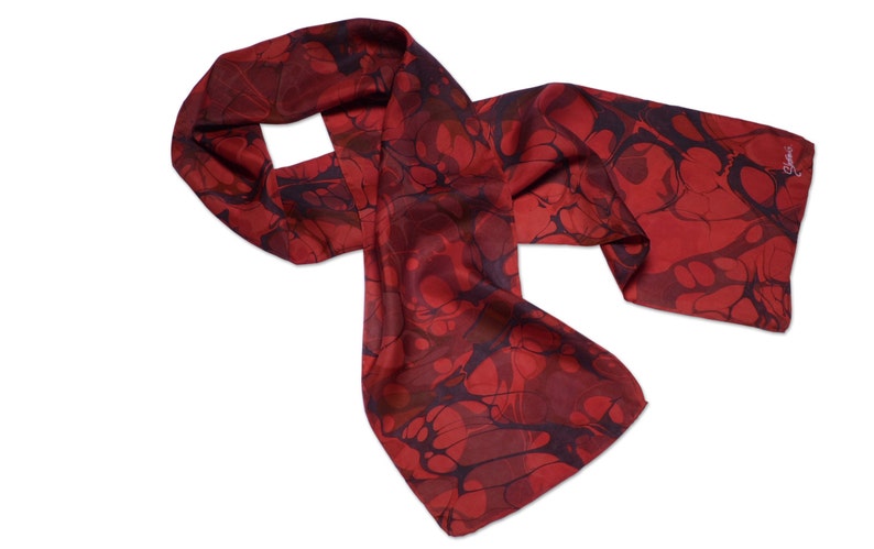 Christmas Silk Scarf Womens Hand Marbled Red Silk Scarf Splendor image 1