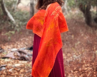 Orange Silk Tallit: Hand-Marbled Jewish Prayer Shawl